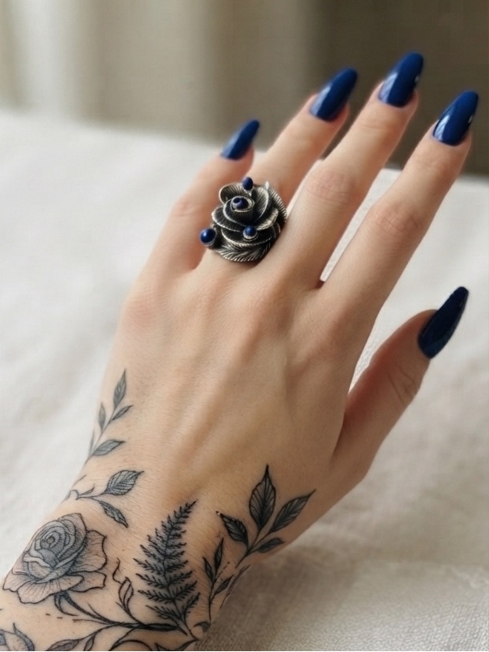 Vintage Sterling Silver Lapis Lazuli Rose Ring Size 5.5